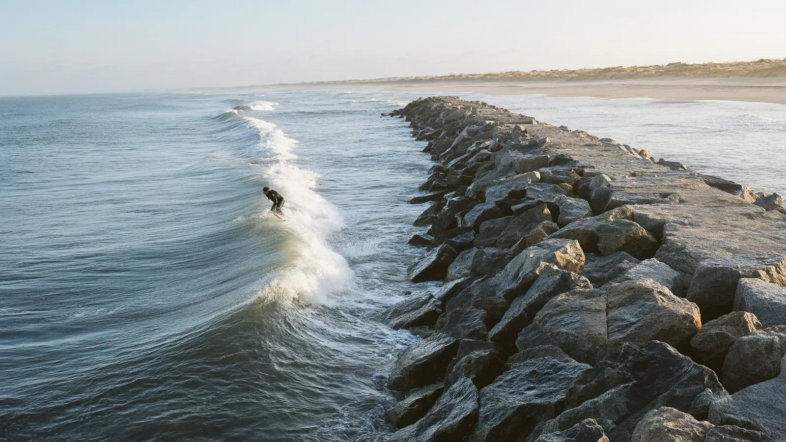 Illustration: a surfer riding a wave beside a granite rock jetty at sunrise