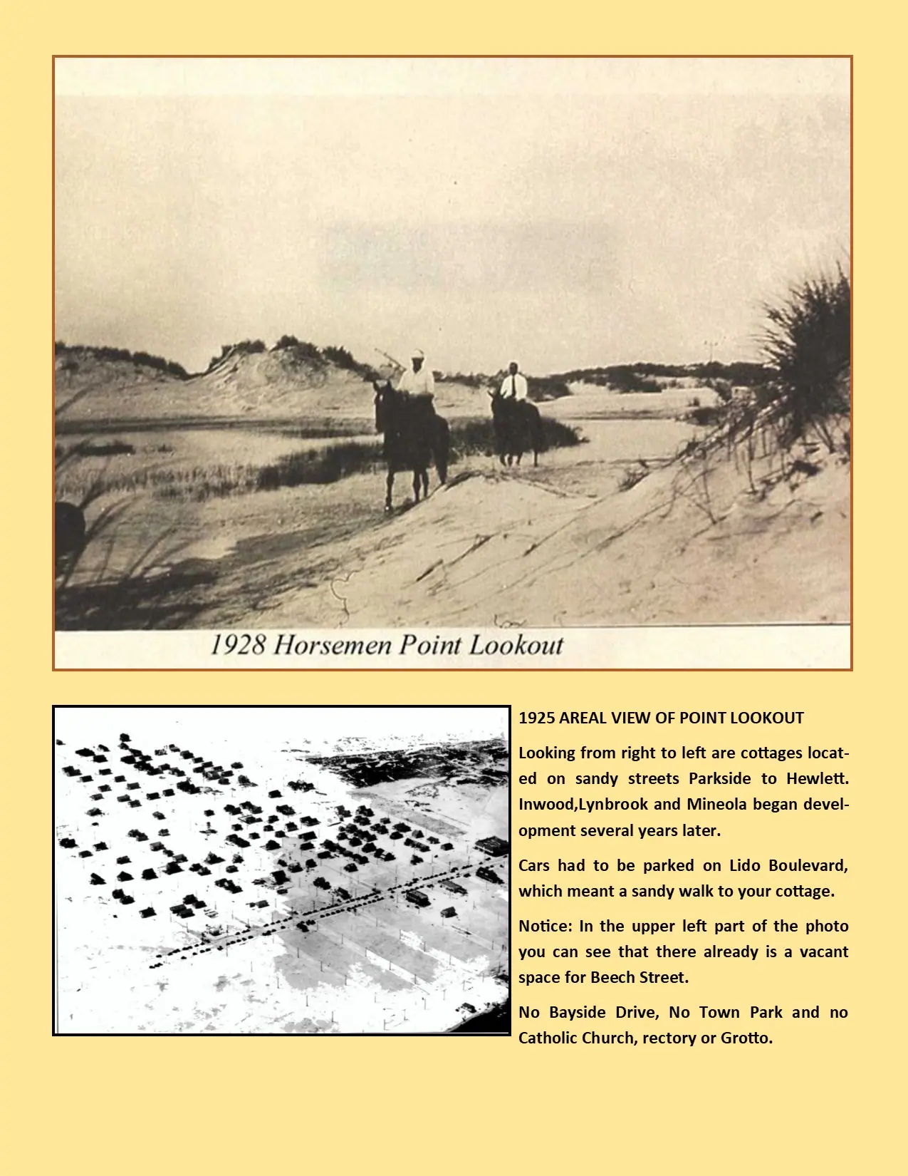 Society exhibit panel: "1928 Horsemen Point Lookout" and "1925 Areal View of Point Lookout"