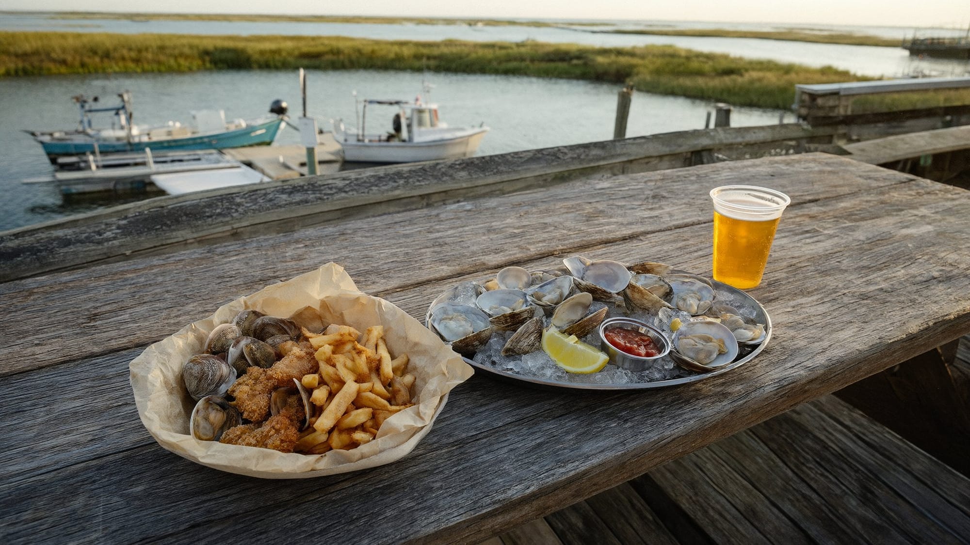 Illustration: clams on ice, fried clams with fries and a beer on a weathered wooden table above a boat dock and a marsh channel