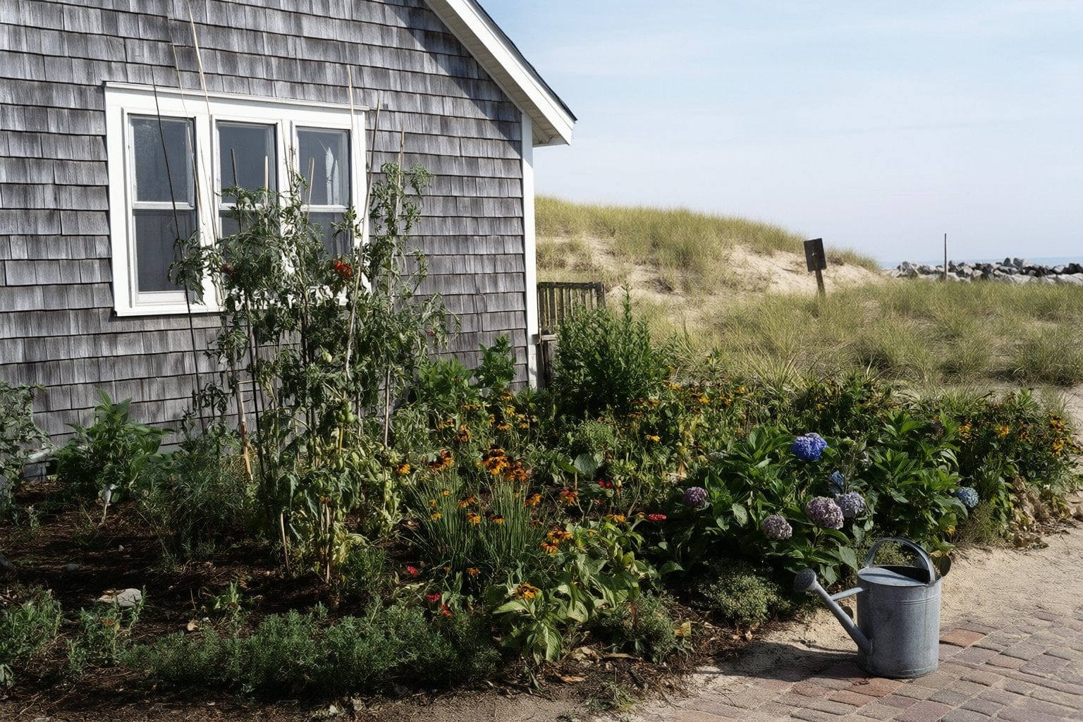 Illustration: tomatoes, black-eyed susans and blue hydrangeas in a garden bed beside a gray shingle cottage near the dunes