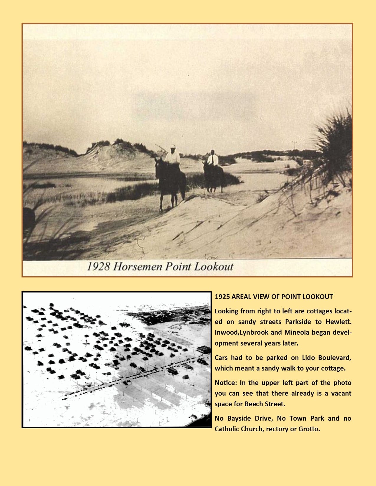 Society exhibit panel: "1928 Horsemen Point Lookout" and "1925 Areal View of Point Lookout"
