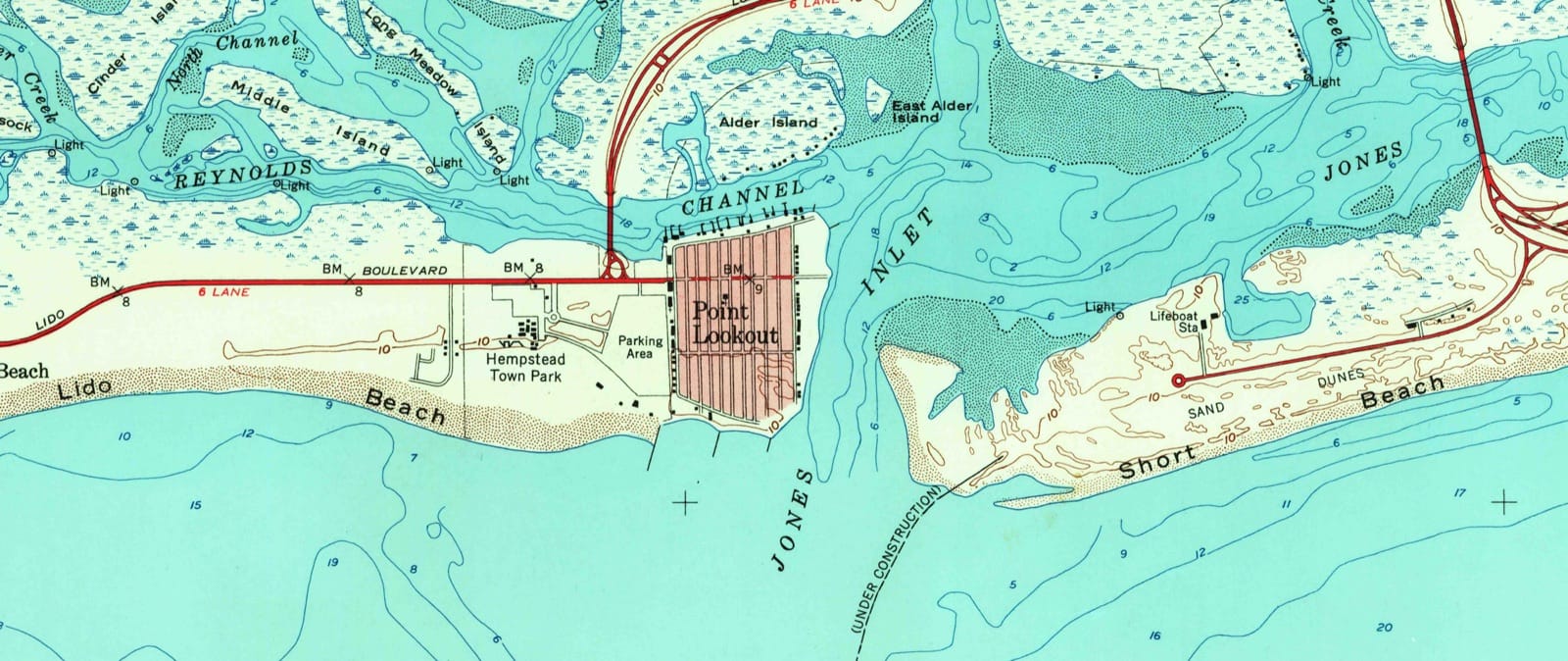 USGS Jones Inlet quadrangle, 1954 — the inlet jetty marked "(UNDER CONSTRUCTION)"