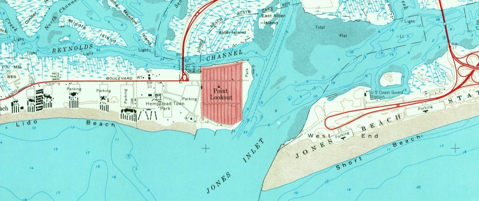 USGS Jones Inlet quadrangle, 1967 — the stabilised shoreline, Town Park and marina in place